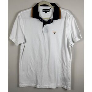 Barbour White Short Sleeve Pique Polo Shirt Classic Tartan Collar Mens‎ Size L